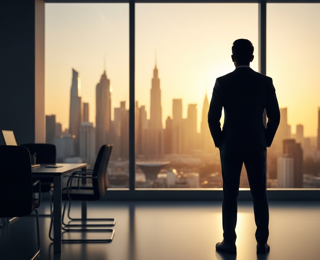Profesional mirando por la ventana hacia un amanecer en la ciudad